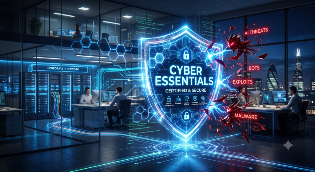Abstract visual representation of an automated AI cyber attack targeted against a secure network shielded by Cyber Essentials certification controls