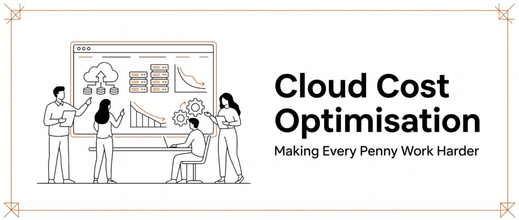 Cloud cost optimisation guide illustration showing IT infrastructure management, server rightsizing, and efficient business spend