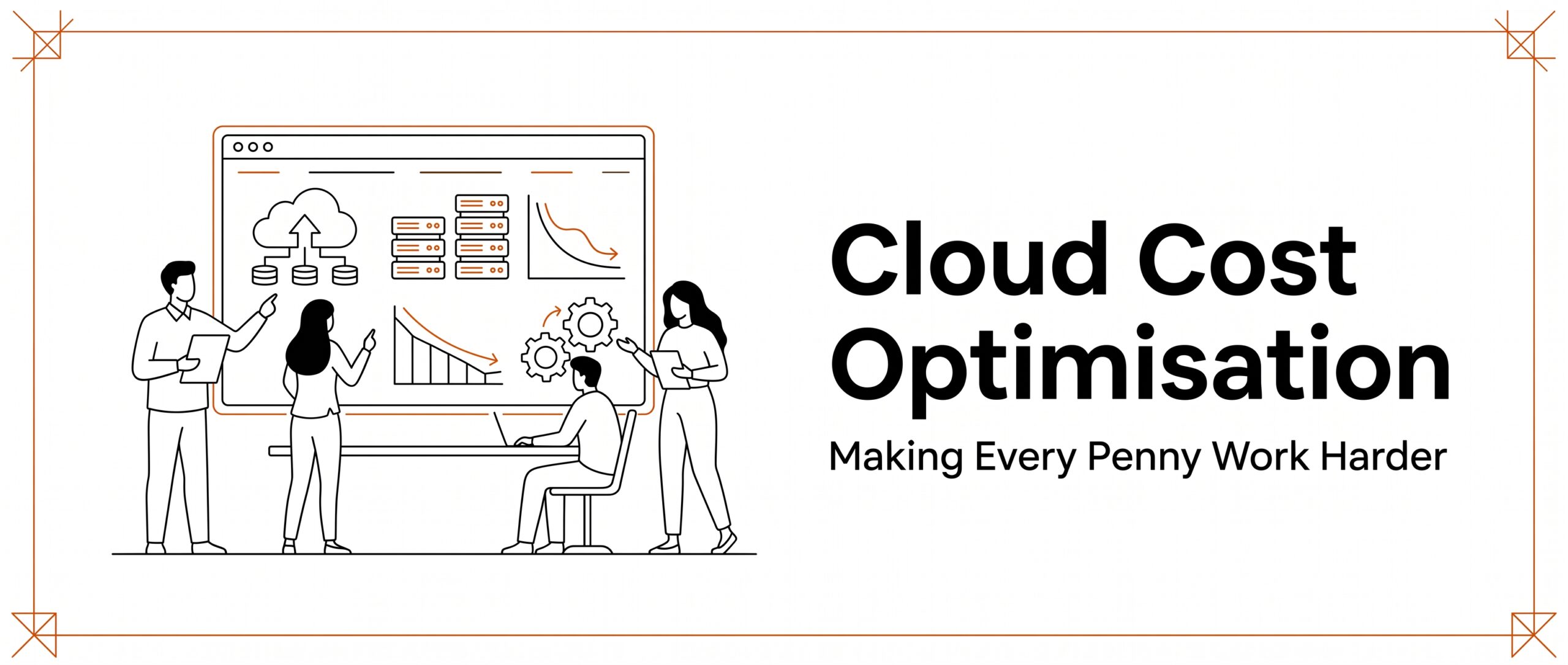 Cloud cost optimisation guide illustration showing IT infrastructure management, server rightsizing, and efficient business spend